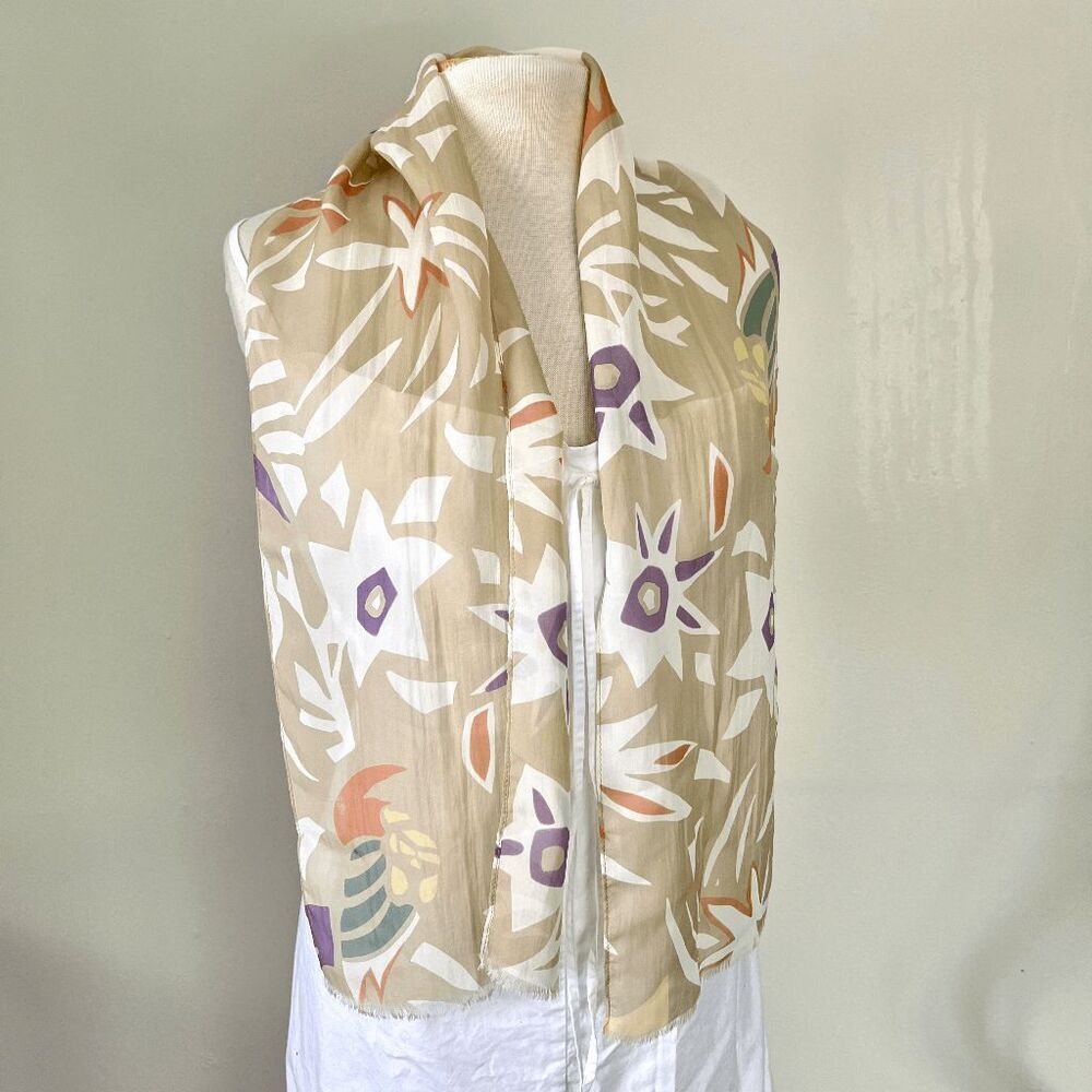 VTG Ginnie Johansen Silk Oblong Scarf Abstract SoftGirl Neutral 10x52